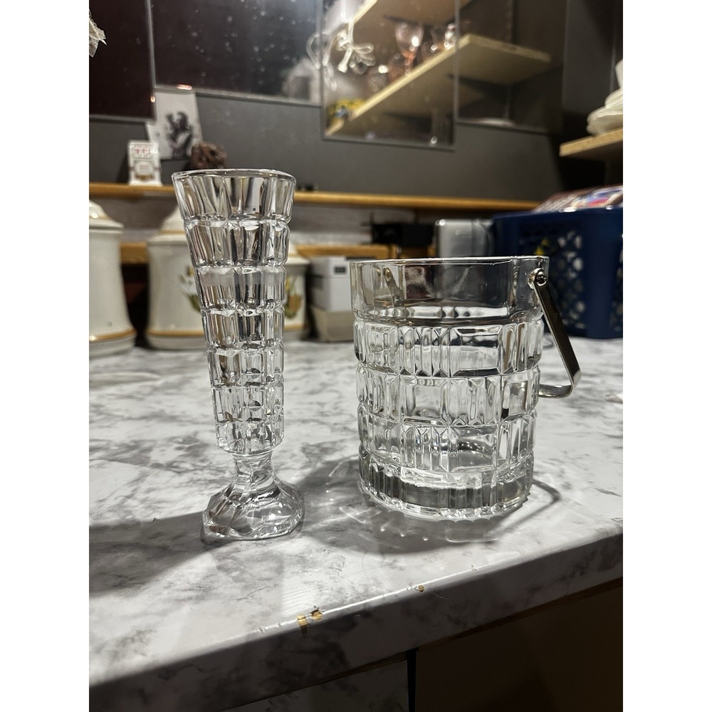 Luminarc crystal ice‎ bucket with silver handle And Bud Vase 1970s France